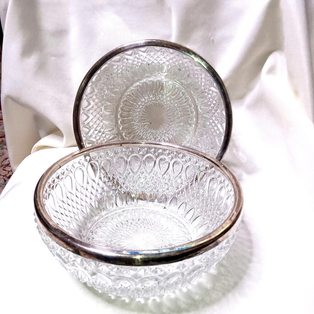 Set 2 VTG 1960's Pressed Glass Silverplate Rim Bowl Made in England Set of 2